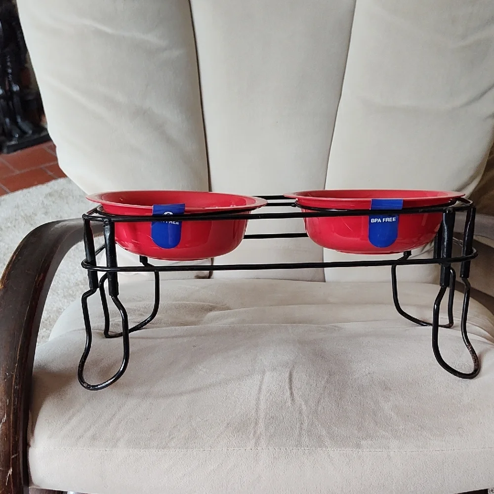Red Double Pet Bowl with Stand
